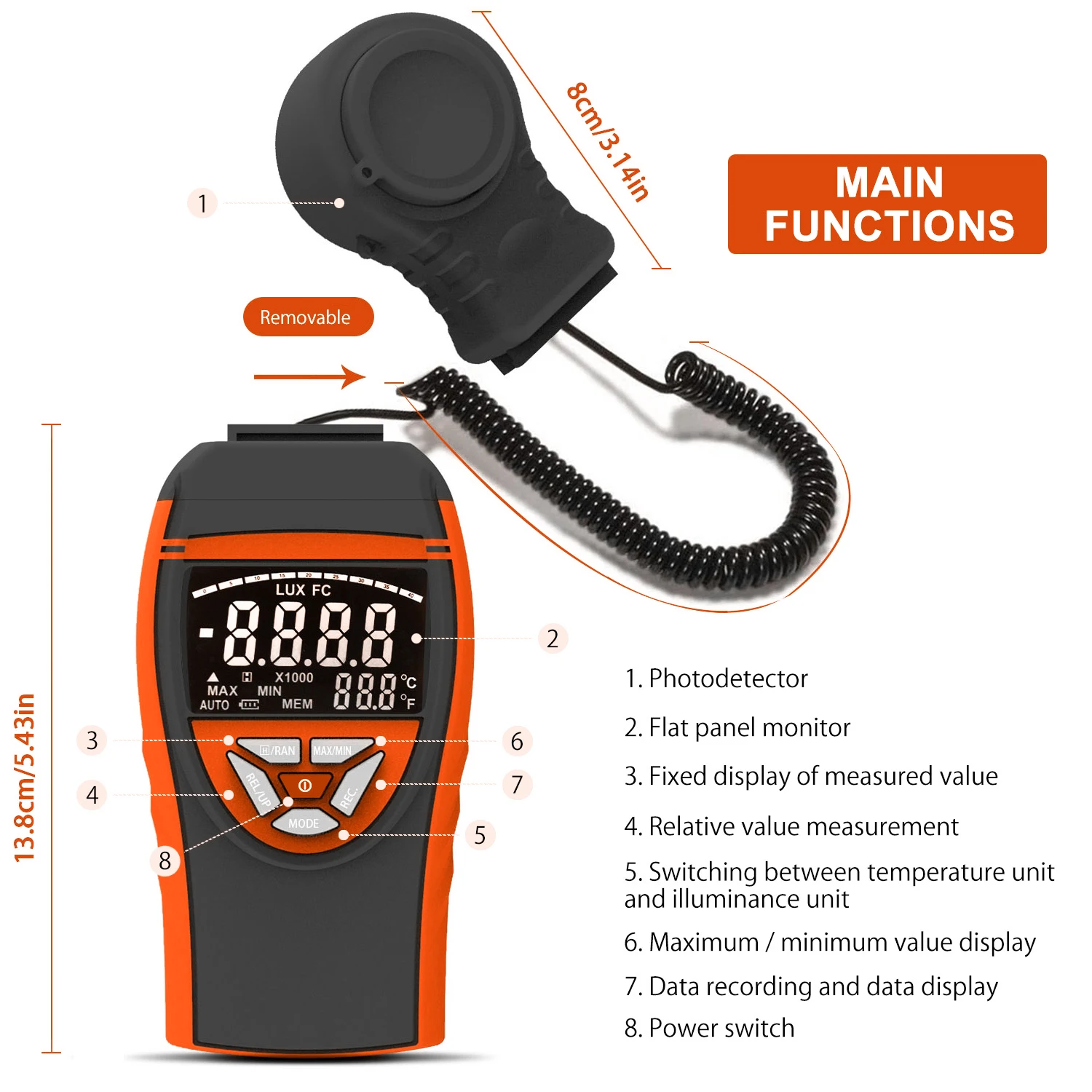 BT-8801C Digital Light Meters for Plants Measure Light from 0.1~400,000 Lux with Extendable Light Detector up to 2m, Data Hold