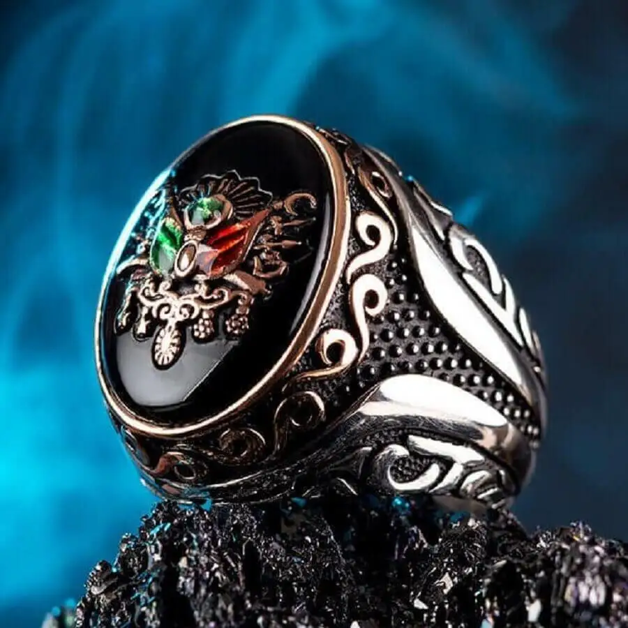 

Ottoman Coat of Arms Silver Ring on Black Onyx Stone Fashion Turkish Premium Quality Handmade Jawelery