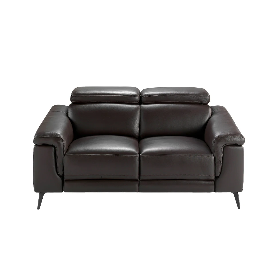 6050 sofa Angel Cerdá-2 seater sofa upholstered in chocolate-colored cow leather with a natural pine wood structure, independent articulated headrests and two electric relaxation mechanisms. Legs of a