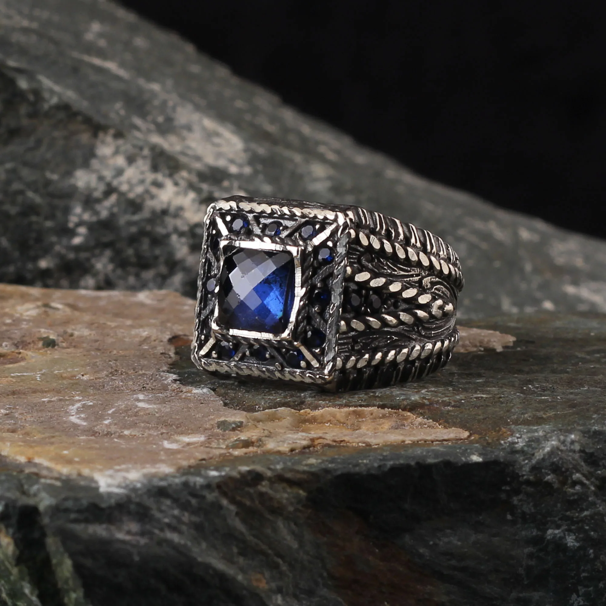 Custom Jewelry High-quality 925 Sterling Silver zircon stone Ring Handmade design Blue Black in a luxurious way for men with