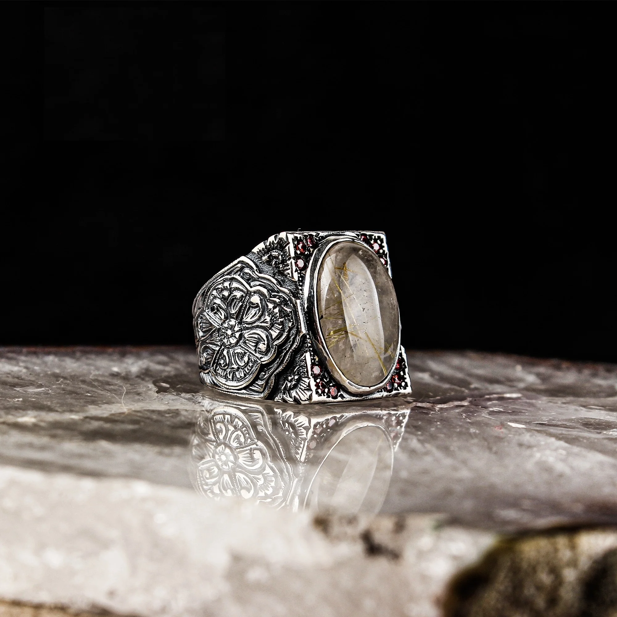 Real Pure 925 Sterling silver ring real Rutile stone hand made made in turkey luxury and trendy model vintage style model