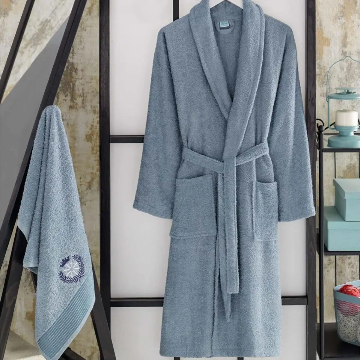 

2 Picies Luxury Soft Cotton Blue Bathrobe Set For Men 1 Bathrobe 1 Head Towel Temizlik Set Nightrobe Sleepwear Home Wear Turkey