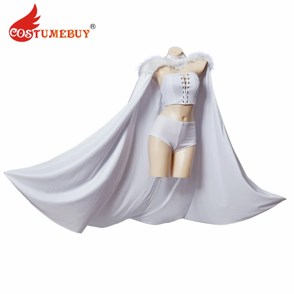 CostumeBuy White Queen Emma Frost Cosplay Costume Sexy Halloween Costume Suit Full Set with Cloak Cape for women