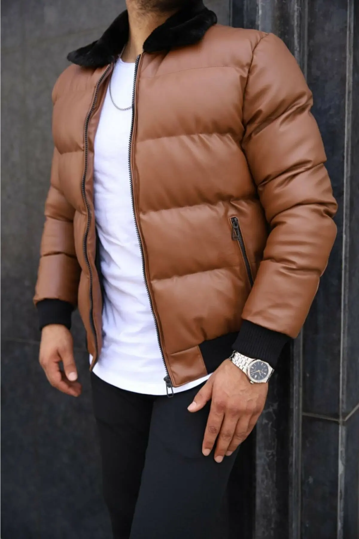 Men's Black Inflatable Coat Collar Wool Lined Elastic Waist 2021 Winter Season Slim Fit Stylish Design Winter Coat