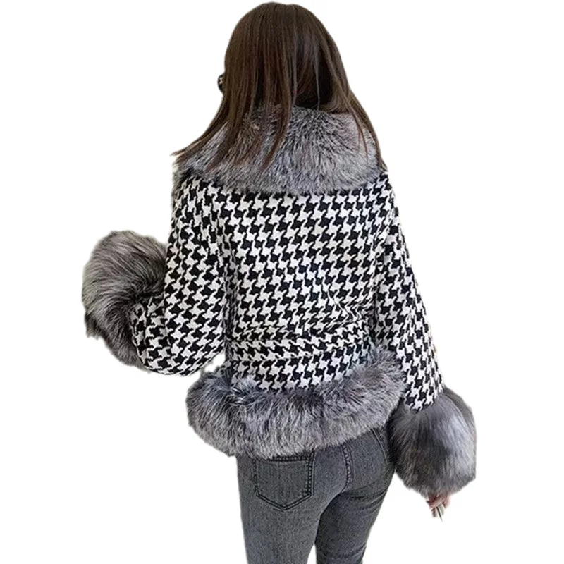 2021 Autumn and Winter Women\'s Fur Coat Women\'s Houndstooth Collar Short Silver Fox Fur Court Fashion Women\'s Clothing