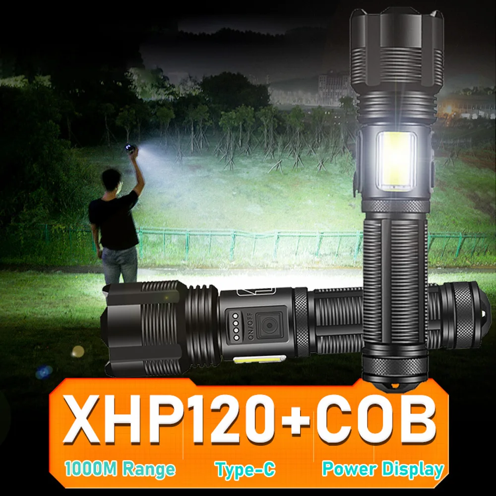 2000000LM XHP120+COB Led Flashlight with 18650 Rechargeable Battery Outdoor Rainproof Zoomable Tactical Flashlight Lantern Torch