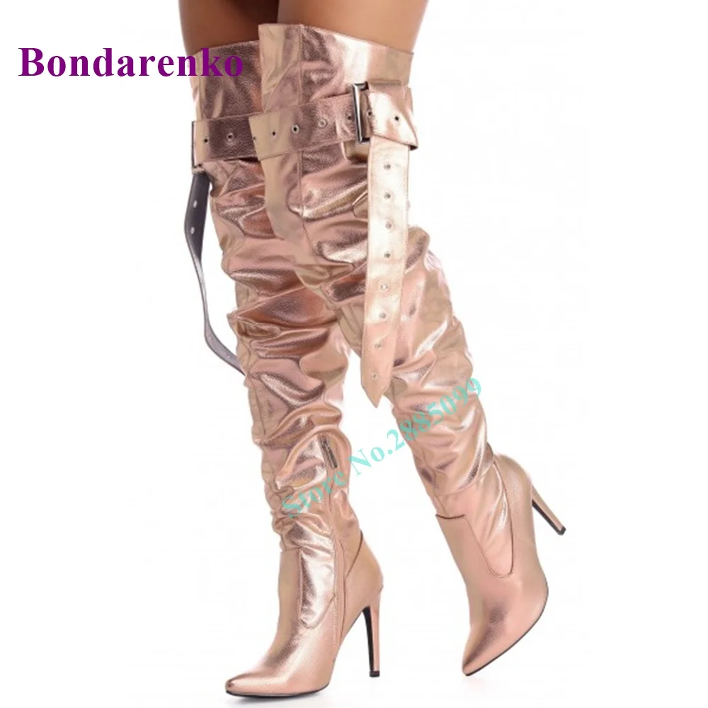 Champagne Thigh High Heel Boots Stiletto Heel Long Slouch Boot Belt Buckles Pointy Toe Solid Pleated Side Zipper Boot Women Shoe