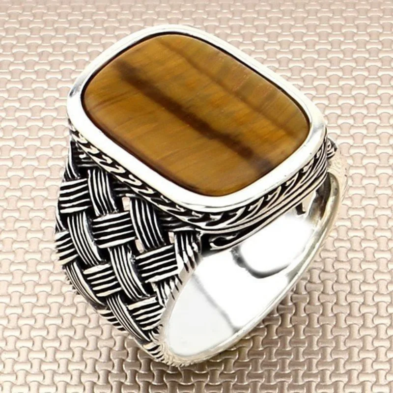 SILVERFONI Real 925 Sterling Silver Ring For Men Stylish Jewelry Fashion Tiger Eye Stone Gift Male Accessories All Size 2021