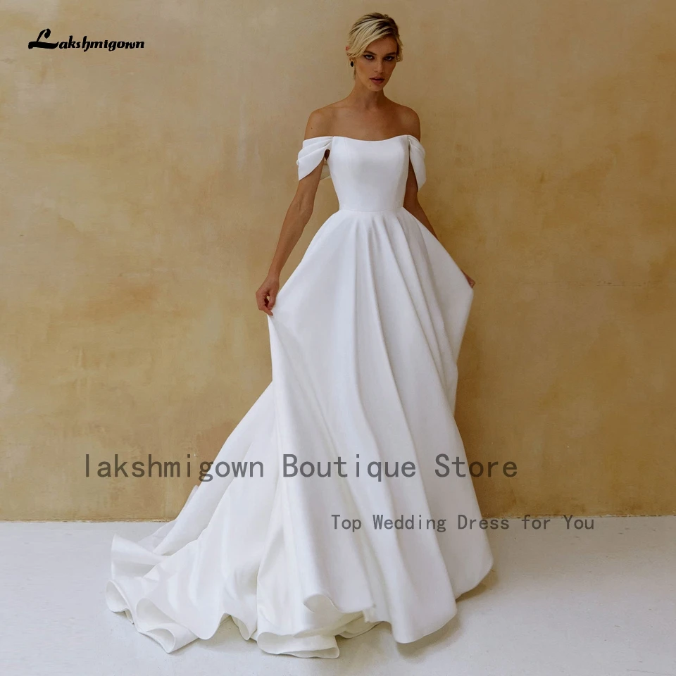 

Lakshmigown Robe Longue Femme A Line Satin Wedding Dress Strapless Princess Bridal White Wedding Dinner Party Gowns Off Shoulder