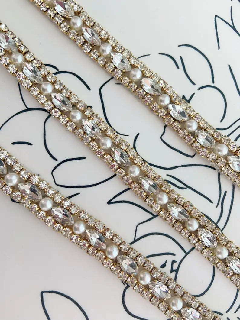 1 Yard Heavy Bead Rhinestone Belt, Deluxe Crystal Pearl Bead Trim by the yard for Dress Strips