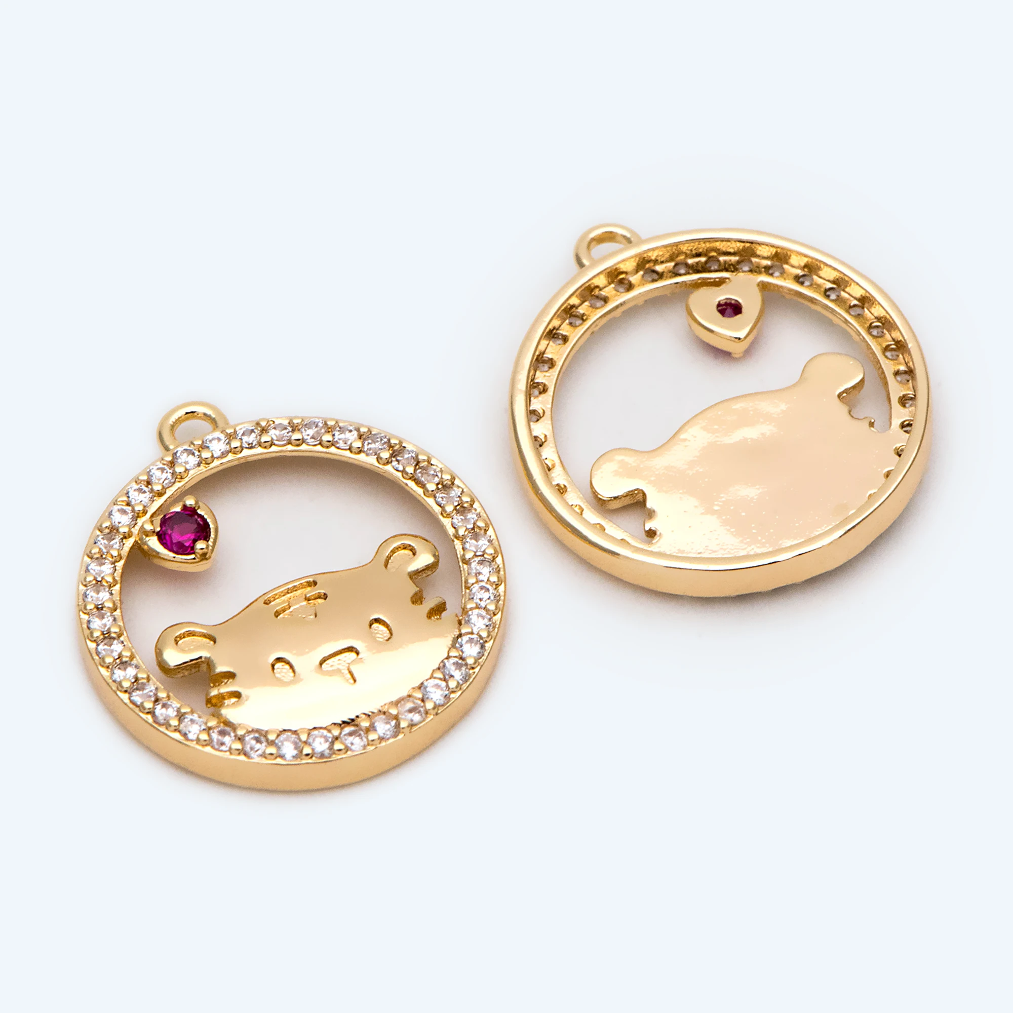 

4pcs Gold Tiger Charm, 2022 Chinese Zodiac Sign, CZ Paved Circle Tiger Pendant (#GB-2340)