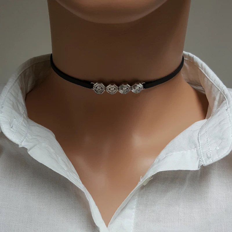 Art Deco Women Choker Necklace Silver Suede Choker 925 Sterling Silver Made in TURKEY