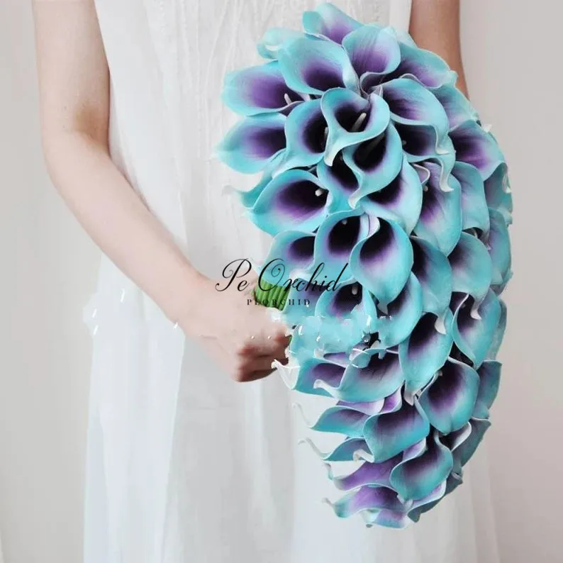 PEORCHID Cascading Wedding Bouquet Purple Turquoise Blue Real Touch Calla Lily Bridal Waterfall Bouquet Bridesmaid Flowers Set