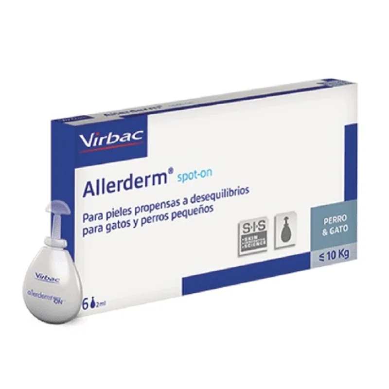 Virbac Allerderm Spot-on small dogs, 6 Pip 2 Ml. Dermatological pipettes are easily applied for the care of the skin and hair of dogs and cats. Its formulation helps repair the natural structure of the skin