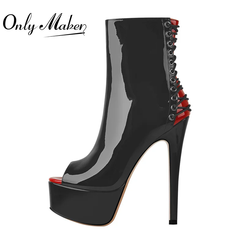 Onlymaker Women Peep Toe Platform Ankle Boots Thin High Heels Lace Up Side Zipper Big Size Open Toe Sexy Female Boots