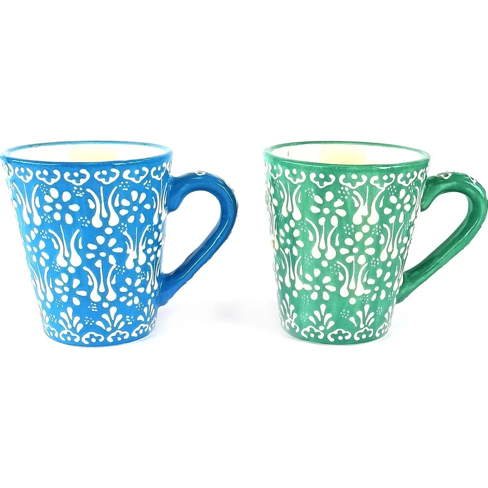 Ceramic Handmade Pastel Conical Mug Set of 2 - Water Green & Turquoise 325 ml Ceramic Handmade Mug Set