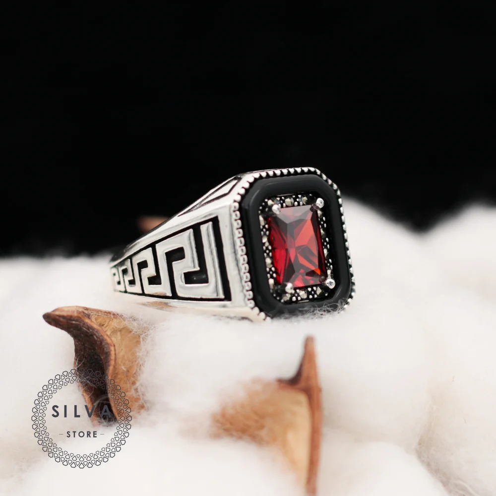 

Original 925 Silver Men's Ring. Man Jewellery Ring With Bakelite, Zircon And Margazit Stones