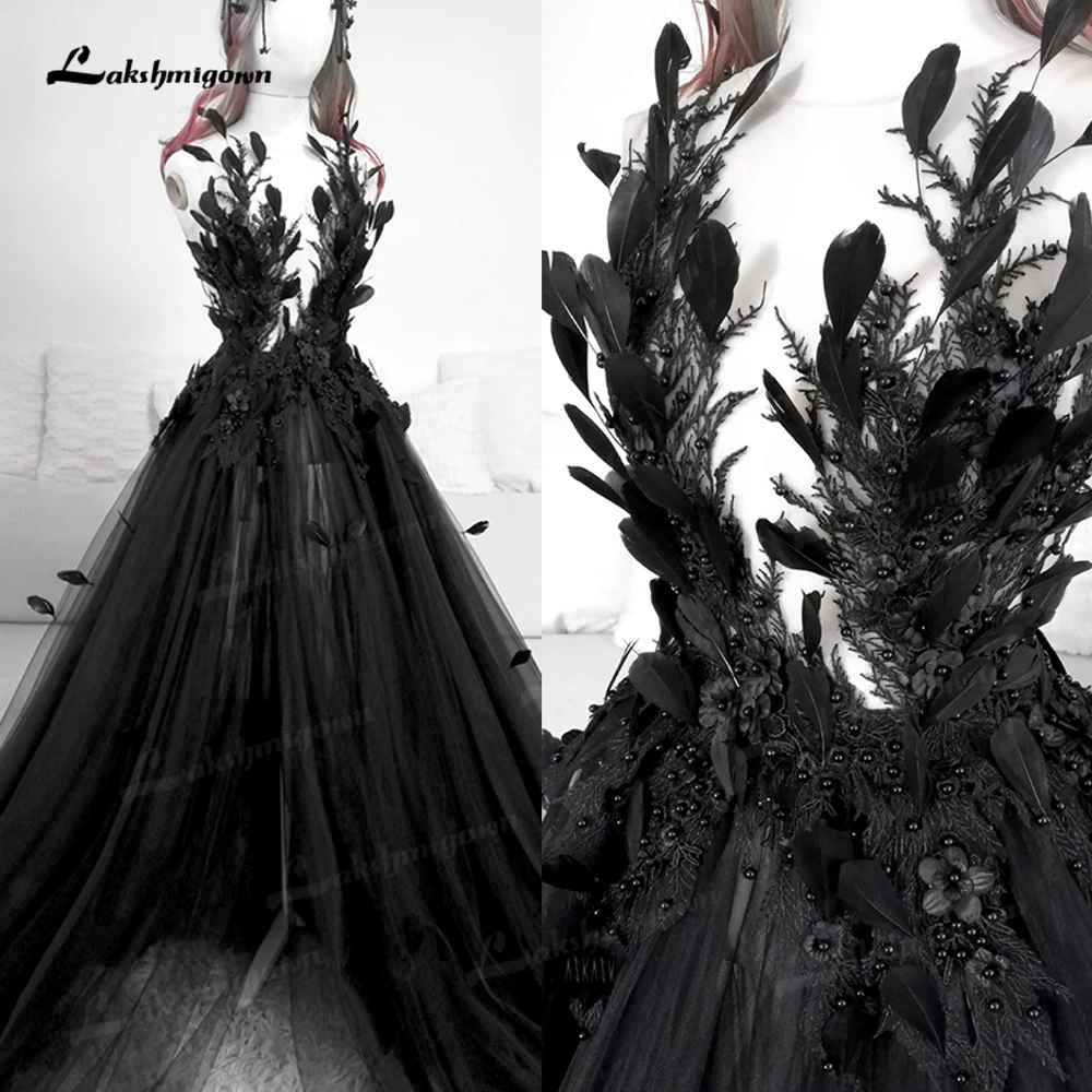 Brautkleid Gothic Black Wedding Dresses Sleeveless Fantasy 3D Floral Feather Black Bridal Gown Halloween Witchy vestido de novia