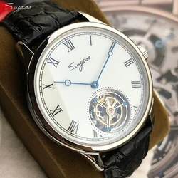 Sugess Tourbillon Watch Hand Winding Alligator Leather Mechanical Men Watch Antique Enamel Ceramic Dial Original Movement ST8230