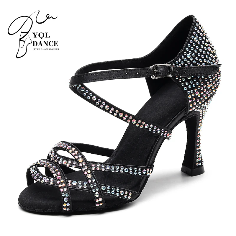 Zapatos de baile Latino de salón de cristal para mujer, suela de gamuza negra, para actuaciones, suela de ante, tacón 3,5