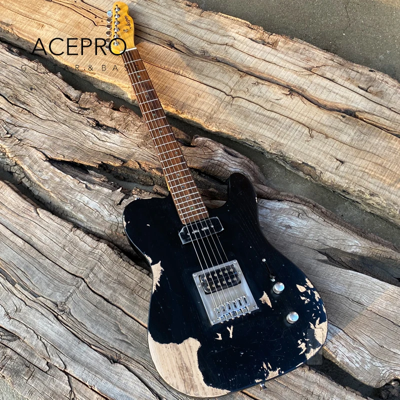 

Acepro-Ash Body Relic Electric Guitar, Grover Tuners, Abalone Inlays, P90+Humbucker Pickups, Handmade Aged Black Color Guitarra