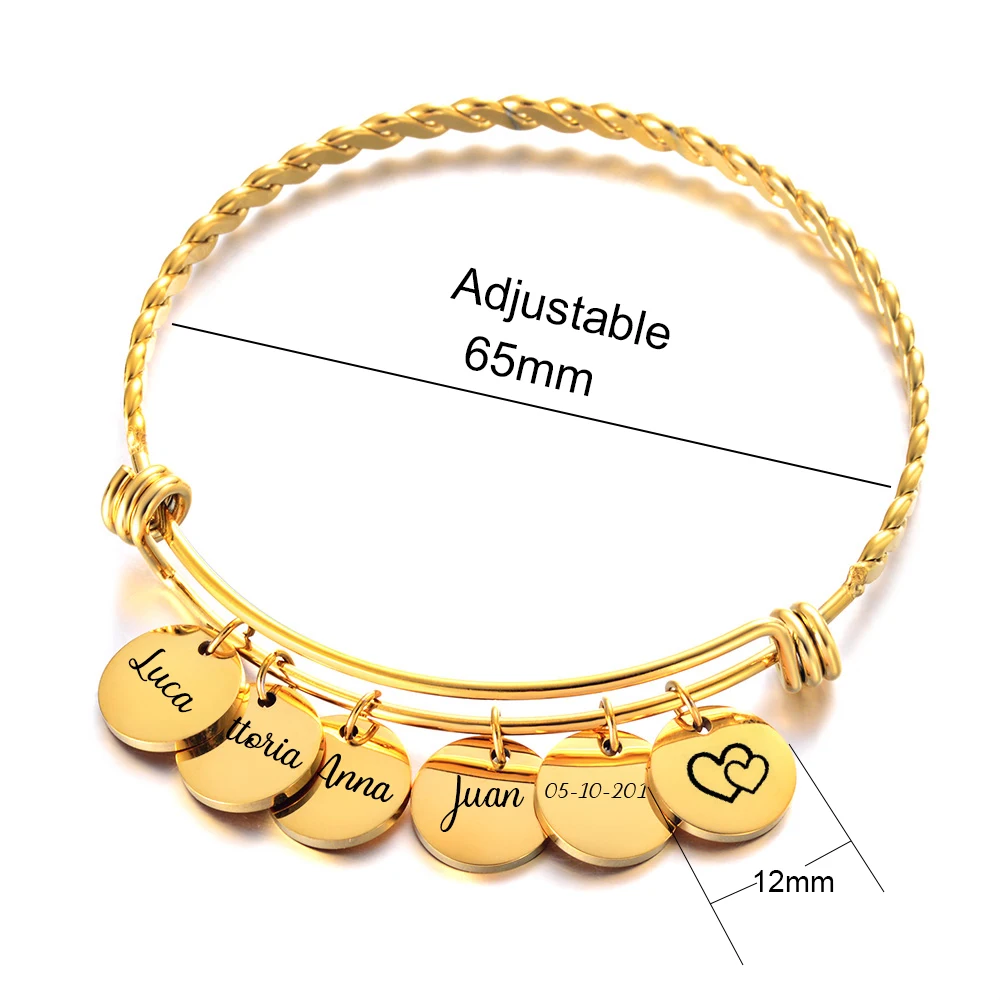 Gold Silver Bracelet for Women Customized Family Name Stainless Steel Jewelry Personalized ID Bangles Small Round Charms Pendant