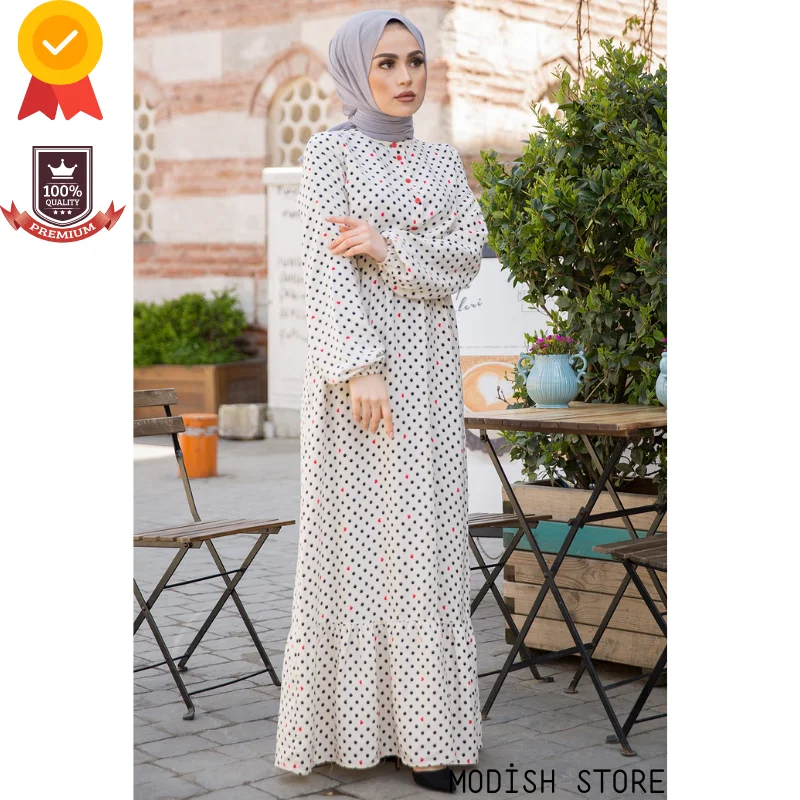 Polka-Dotted Muslim Fashion 2021 Women's Long Muslim Dress Modest Clothing Dubai Abaya Turkey Hijab Ramadan Islam