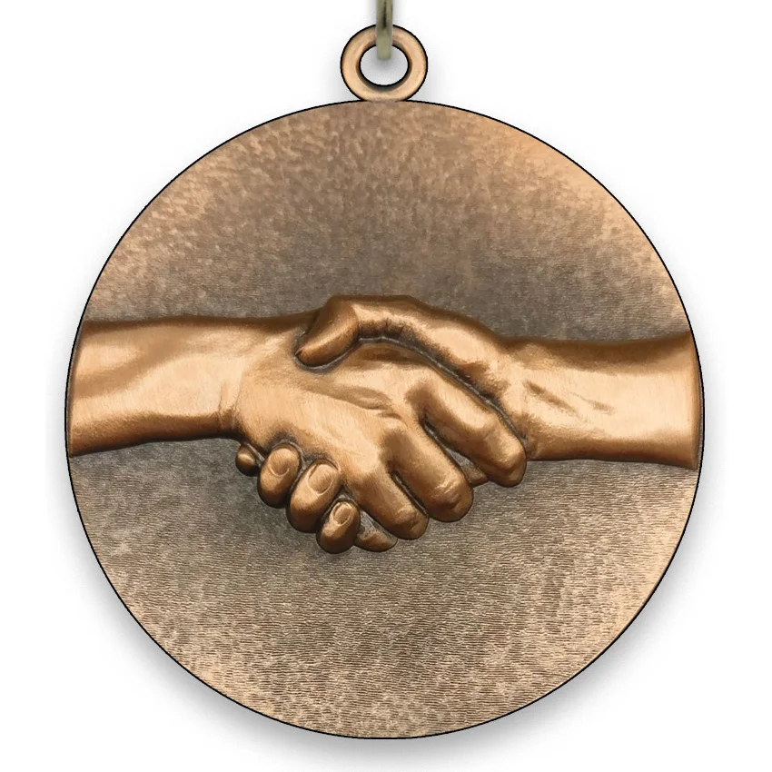 Large Metal Handxhake Bronze Medal - 6,4 cm - with Neck Ribbon size 2.2cm x 80 cm, Choice of Ribbon Colours.