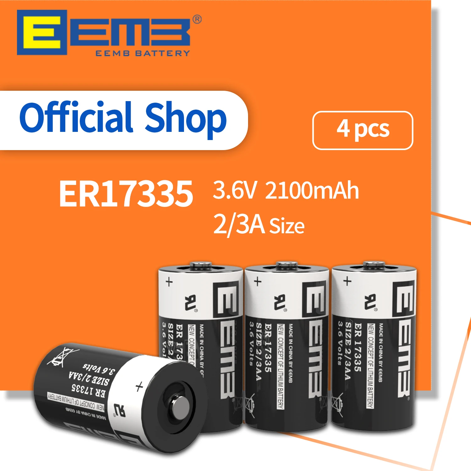 

EEMB 4PCS 3.6V Lithium Battery 2/3A ER17335 Batteries 2100mAh Battery for GPS Monitor Water/Gas Meter Alarm Non-Rechargeable