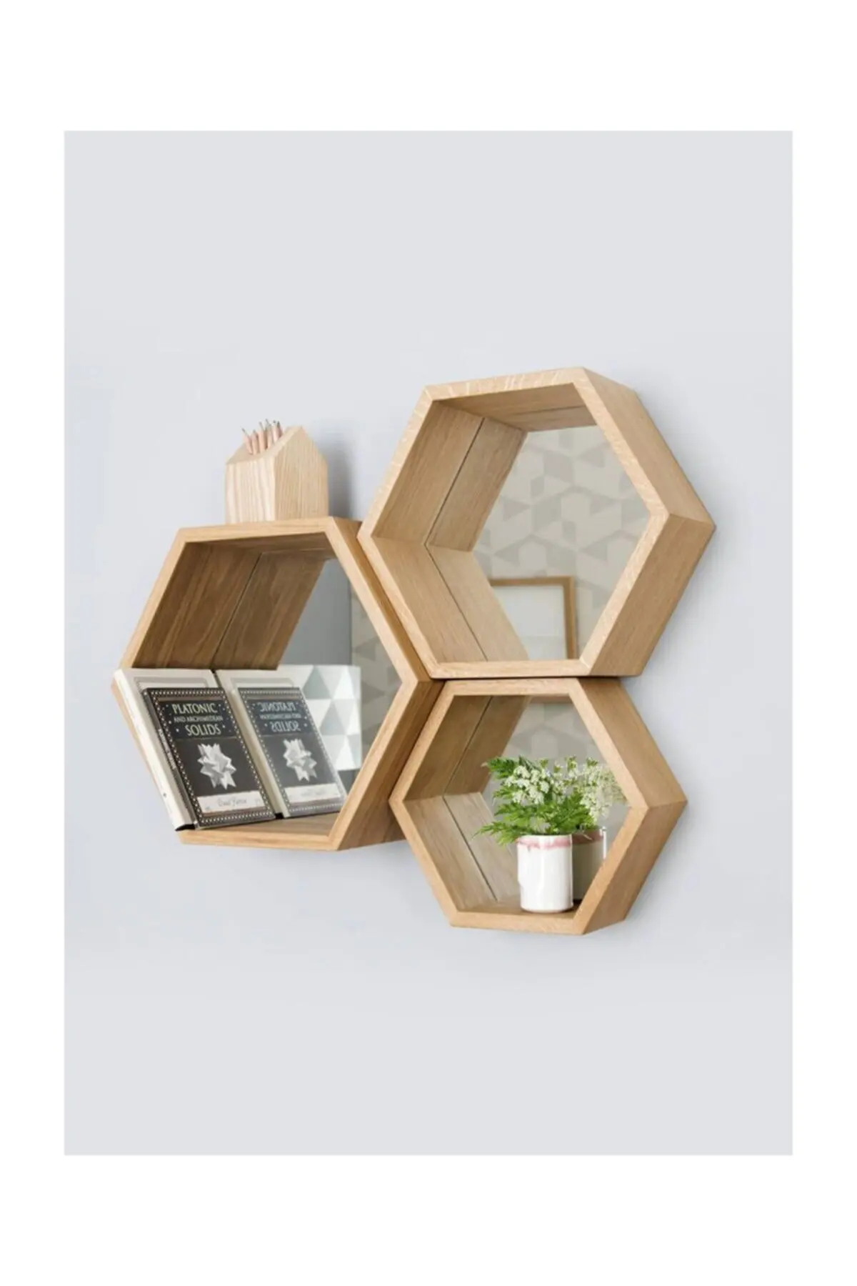 Wooden Decorative Design 3 Hexagonal Wall Shelf Appliance Accessory Interior Design Racks Set