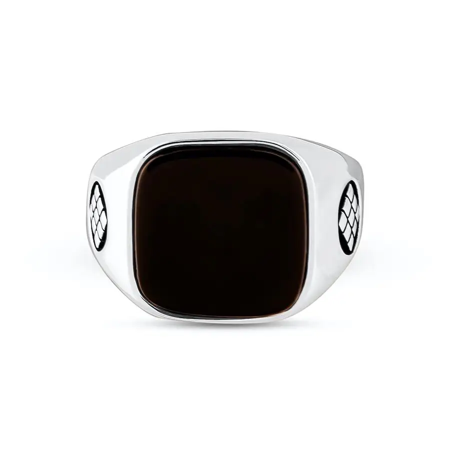 Rectangle Black Onyx Stone Ring for Men 925 Sterling Silver Rectangle Natural Male Punk Mask Rings Vintage Antique Jewelry Gift