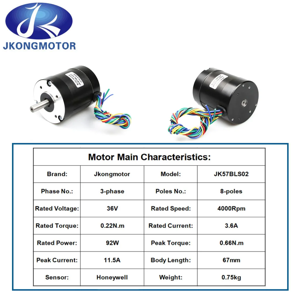 Jkongmotor 57BLS02 BLDC motor Brushless DC motor with round or square flange 36V 4000RPM 92W 3.6A with BLD120 driver