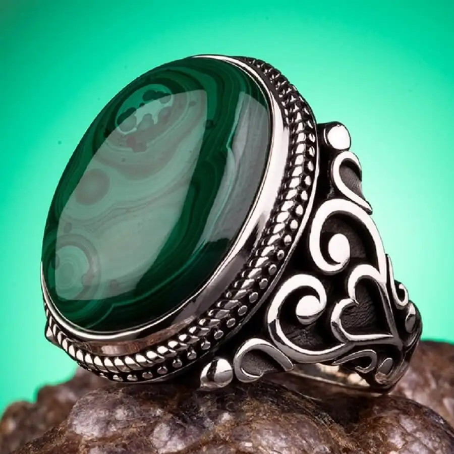 925 Sterling Silver Mens Ring with Malachite Stone Fashion Turkish Premium Quality Handmade Jawelery