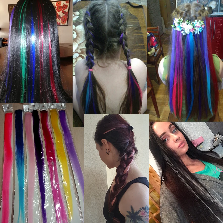 Extensiones de Cabello sintético con Clip para Festival, postizos rizados, rectos, de 20 pulgadas, con reflejos de arcoíris, 87 colores