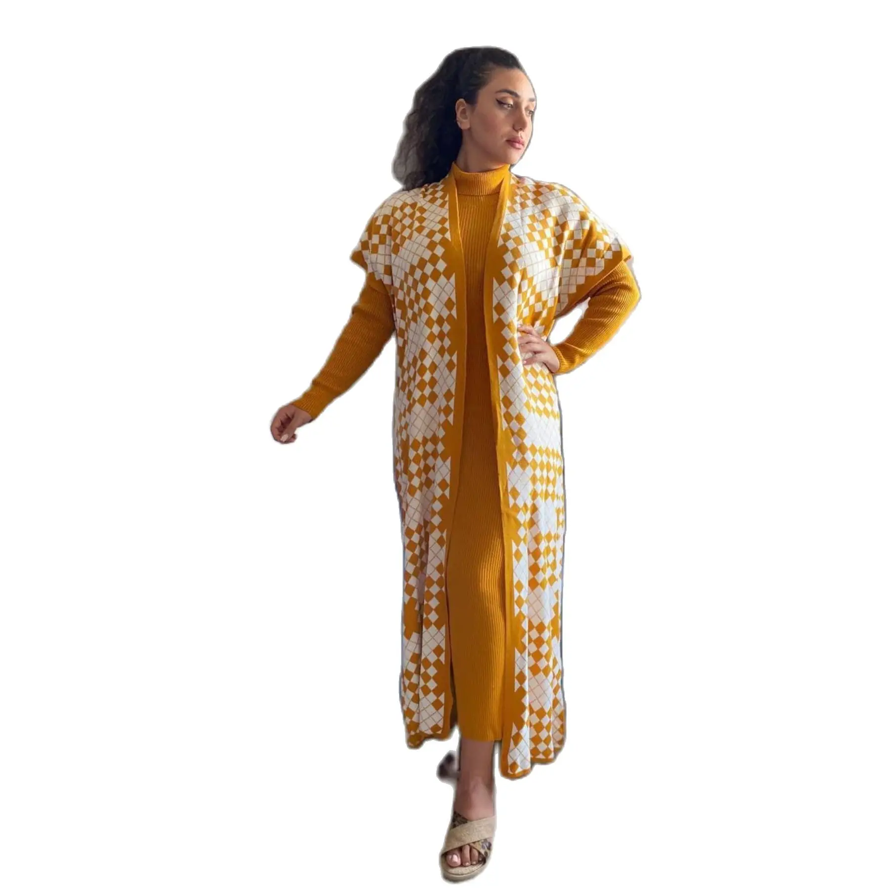 2 Piece Women's Set Chess Patterned Knitwear Maxi Turtleneck Dress and Maxi Cardigan Long Sleeve Turkey Muslim Fashion