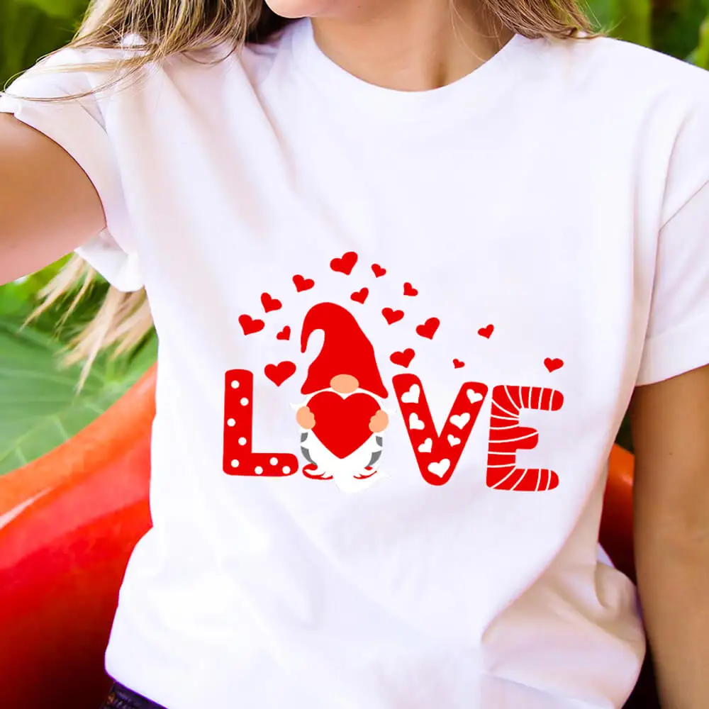 

Love Gnome Valentine's Day Colored Printed 100%Cotton Women's T Shirt Valentines Day Spring O-Neck Pullovers Short Sleeve Tops