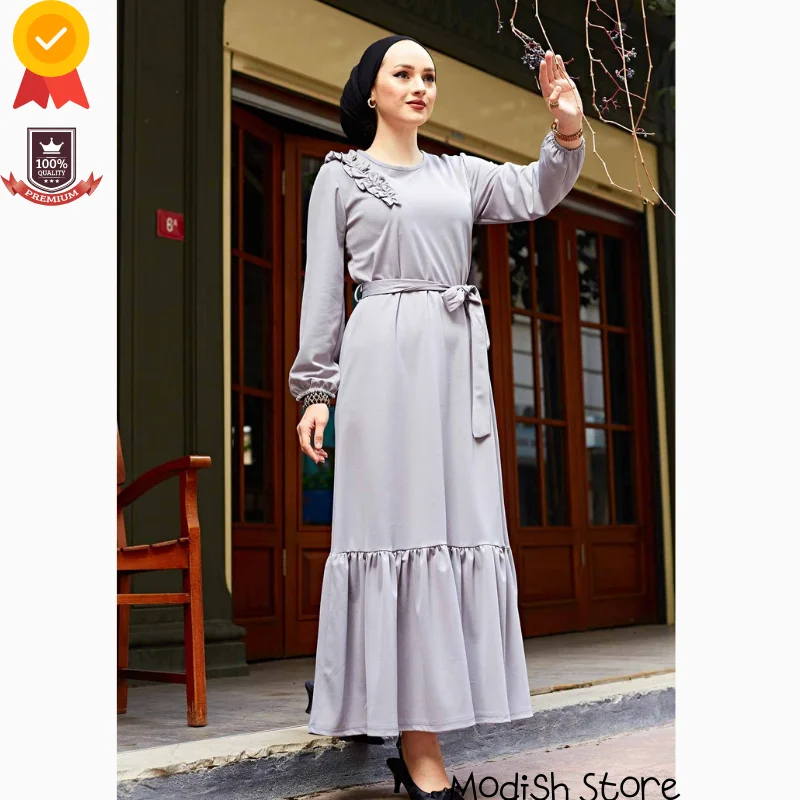 Shoulder Frilly Four Seasons Dress For Women 2021 Turkish Women's Clothing Abaya Dubai Turkey Muslim Hijab Dress Kaftan Arabic