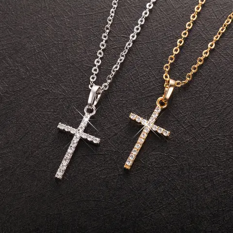HipHop Fashion Cross Necklace For Women Crystal Zircon Men Necklace  Metal Chains Choker Jesus Pendants Jewelry Gift