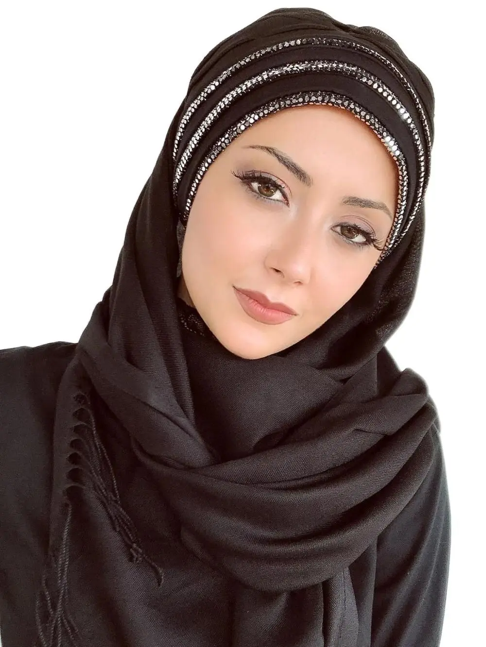 Yeni Moda Hijab 2021 Kadın Müslüman Başörtüsü İslami Kıyafet Türban Şapka Fular Eşarp Bone Atkı  Siyah Renk Drapeli Hazır Şal