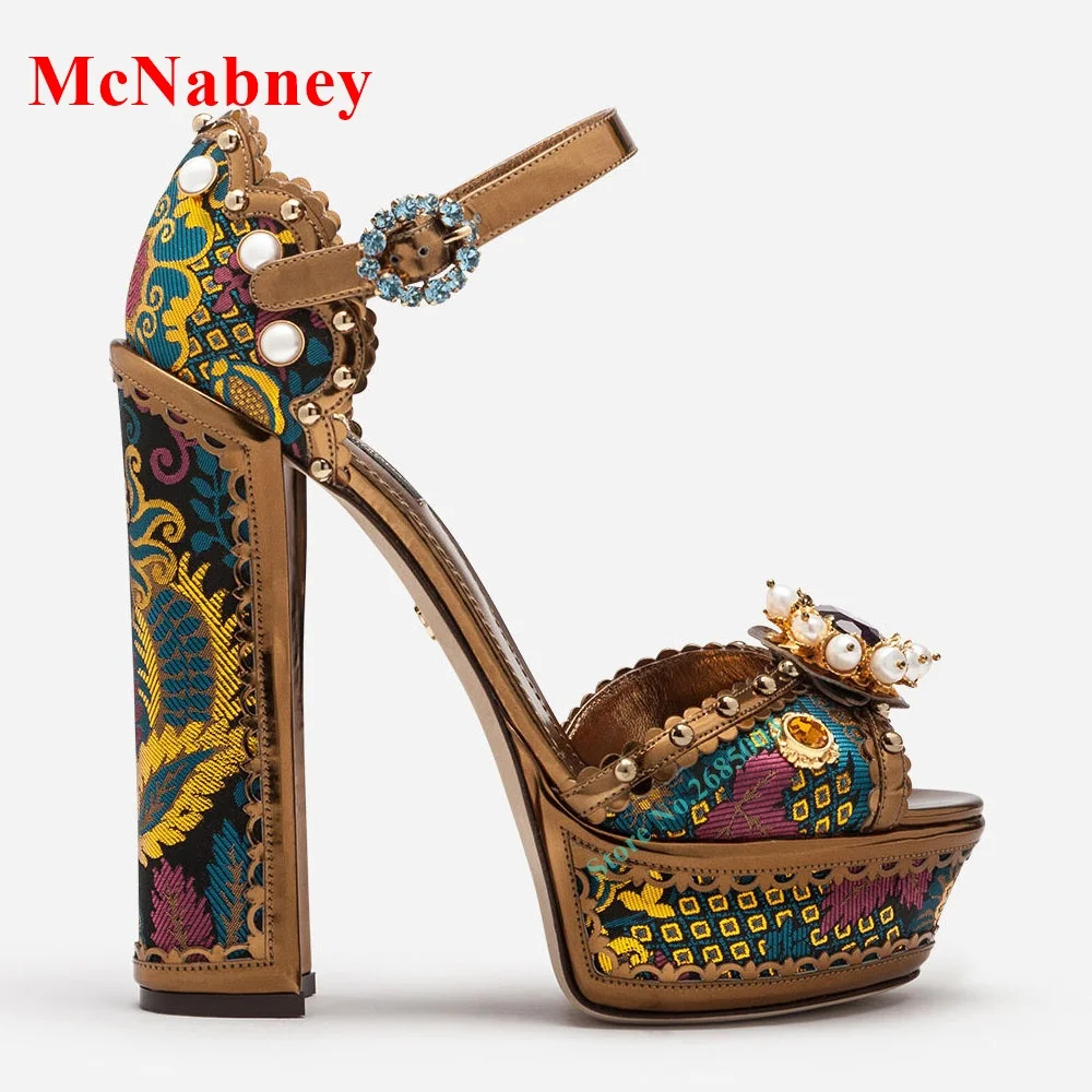 Peep Toe Rhinestone Chunky Heel Sandals Ankle Buckle Straps Platform Crystal Pearl Decor Sandal Women Shoe Summer Party Dress image 6
