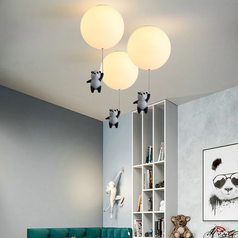 Creative Panda Led Chandeliers Balloon Lights Cute Baby Children Bedroom Living Dining Room Pendant Hanging Lightings Designer