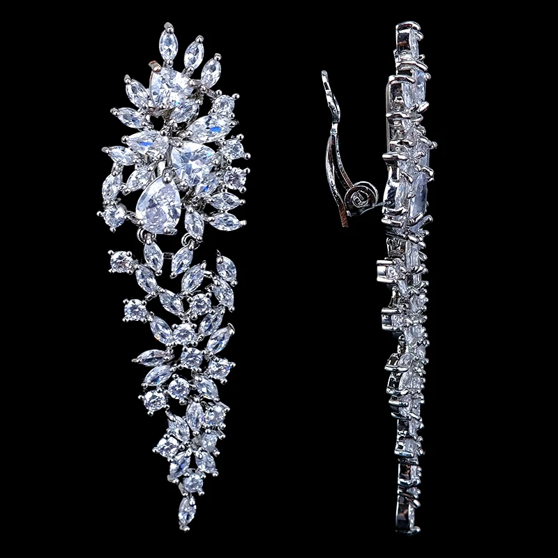 Ekopdee 2022 New Leaf Cubic Zirconia Crystal Women Long Ear Clips Earrings No Piercing Drop Ear Cuff Party Bride Wedding Jewelry