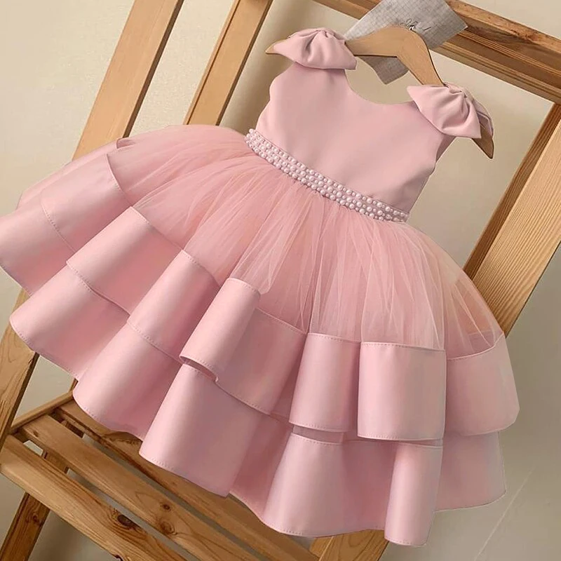 Toddler Girl Tulle Bow Dress Baby Elegant Princess Baptism Wedding Tutu Dresses Kids Prom Children Formal Party Clothes 3 8 Year