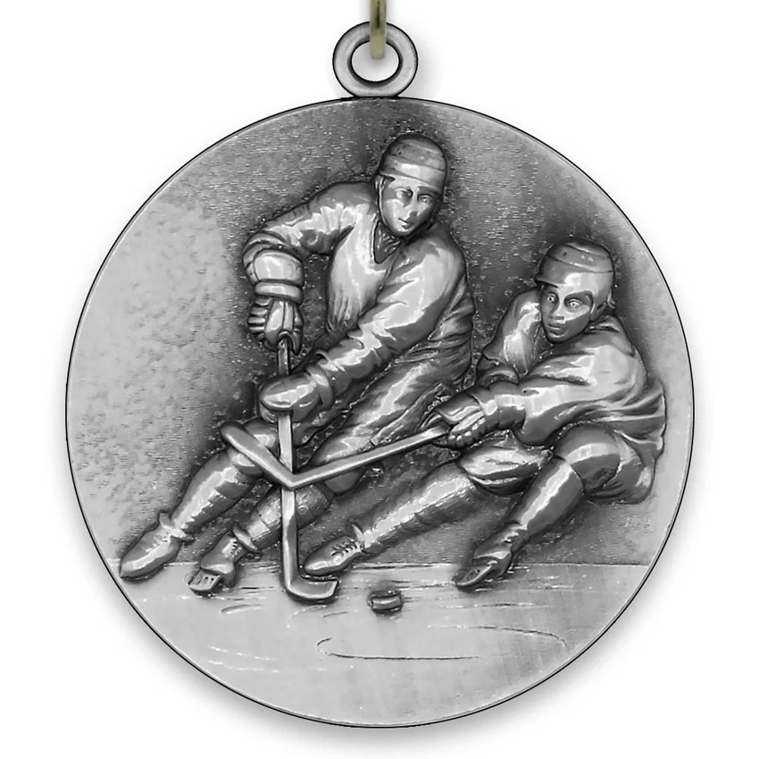 Large Metal Hockey Silver Medal - 6,4 cm - with Neck Ribbon size 2,2cm x 80 cm, Choice of Ribbon Colours.