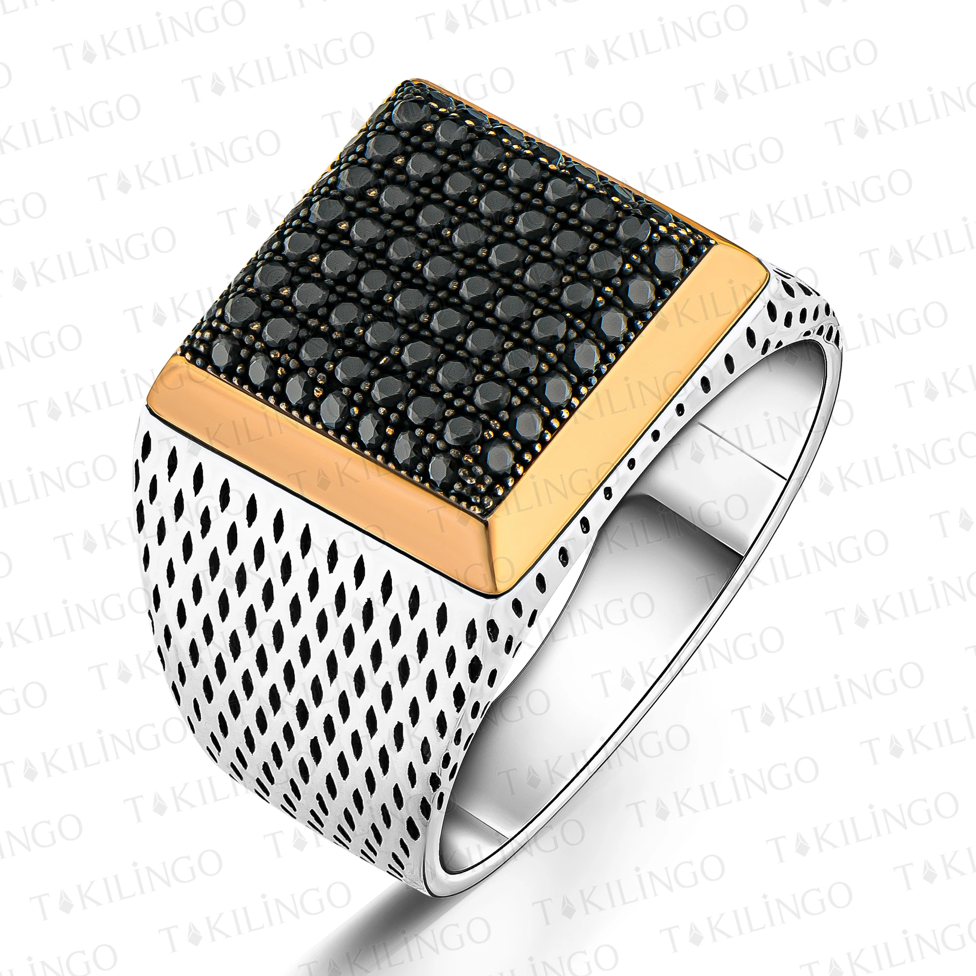 925 Sterling Silver Black Mini Zircon Stone Side Striped Patterned Special Design Fashionable Craftsman Handmade Biker Mens Ring