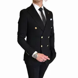 2021 Fashion Peak Lapel Black Men Wedding Prom Dress Suits Double Breasted Men Suits Groom Party Tuxedo 2 Pieces Set