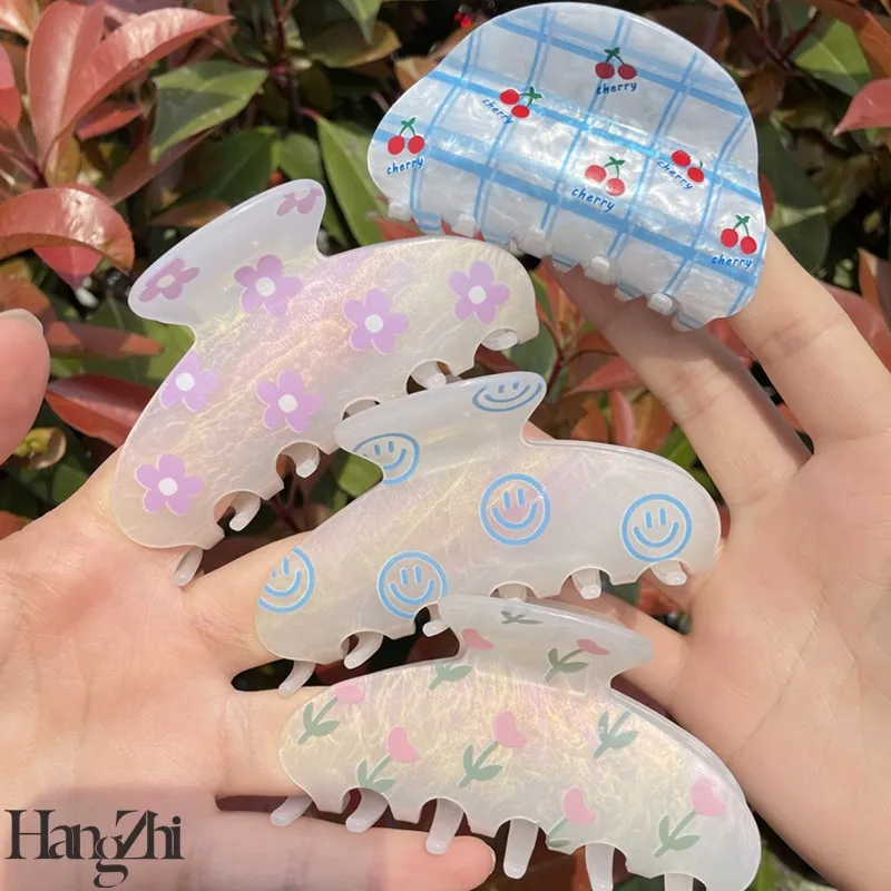 HANGZHI Blue White Plaid Cherry Hair Claw Geometric Milky Flower Print Resin Headwear New Trendy Hair Accessories for Women Girl