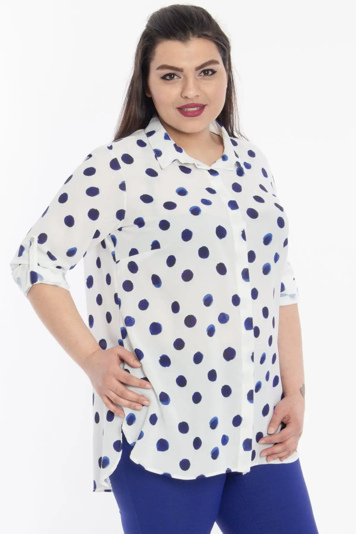 Hanezza Plus Size Women Fashion 2021 Summer Clothing Polka Dot Long Sleeve Elegant Satin Shirts 2XL - 6XL Large Size Turn-Down Collar Pocketless Chic Tops + 42 - 52 EU Casual Wear Female Navy Blue, Green, Red, Yellow