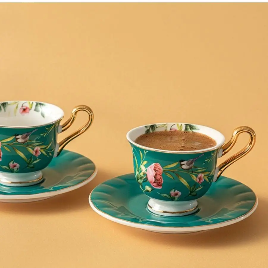 Vanilla Porcelain Coffee Cup Set 90 Ml for 2 Persons  4 Pieces Sytlish Flower Patterned Elite Attractive Porcellain Set