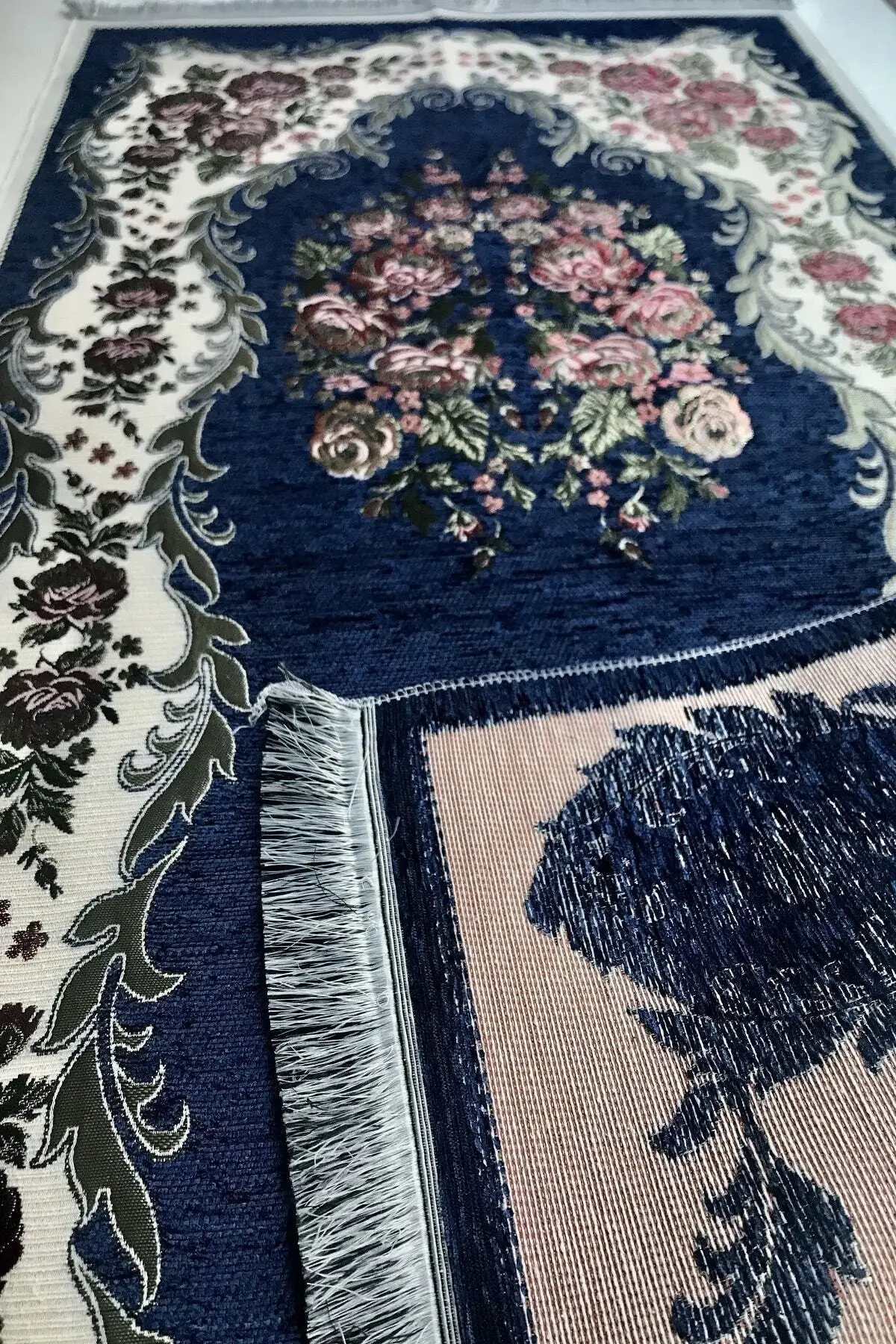 Kardelen Navy Blau Rosen Gebet Teppich Kopfband Perle Rosenkranz Samt Yasin Set